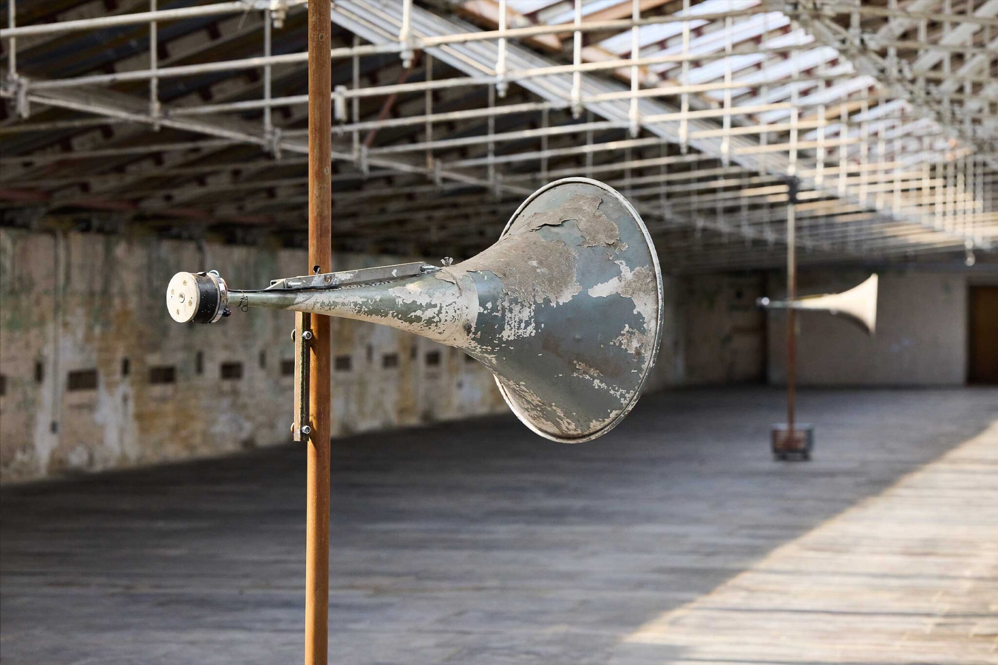 We Will Sing — horn speaker installation with scaffold structure, Ann Hamilton / BD25 2025. Photo: David Lindsay