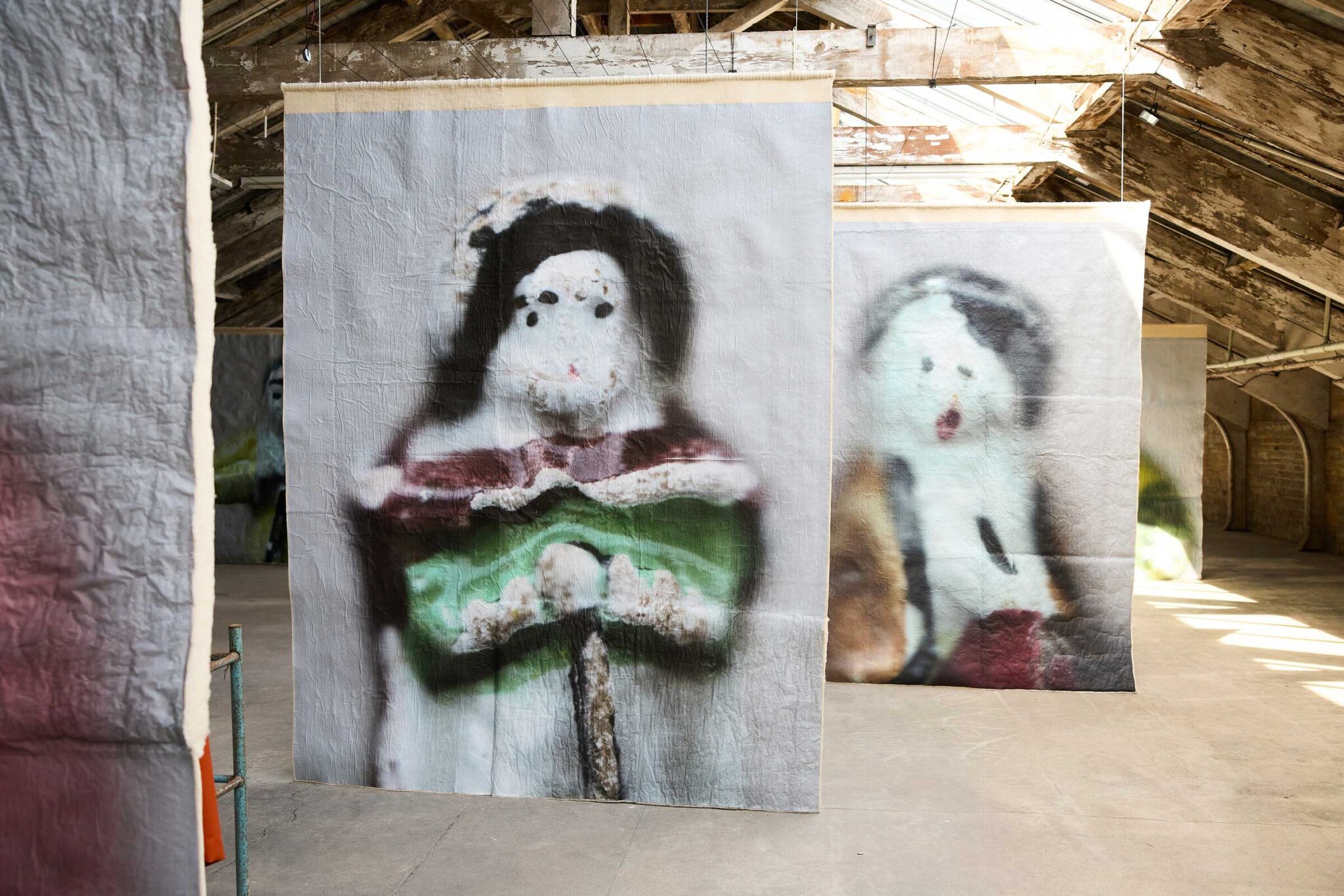 We Will Sing — finished hanging banners installed in the venue, Ann Hamilton / BD25 2025. Photo: David Lindsay