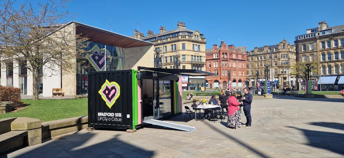BCB Radio Box — shipping container converted to mobile broadcast studio, Bradford city centre 2025