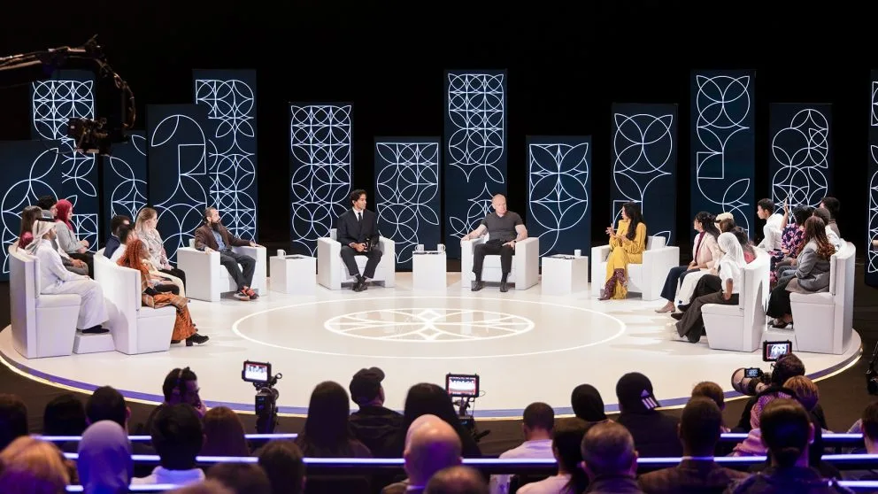 Doha Debates — circular stage and set construction at St George's Hall, Bradford