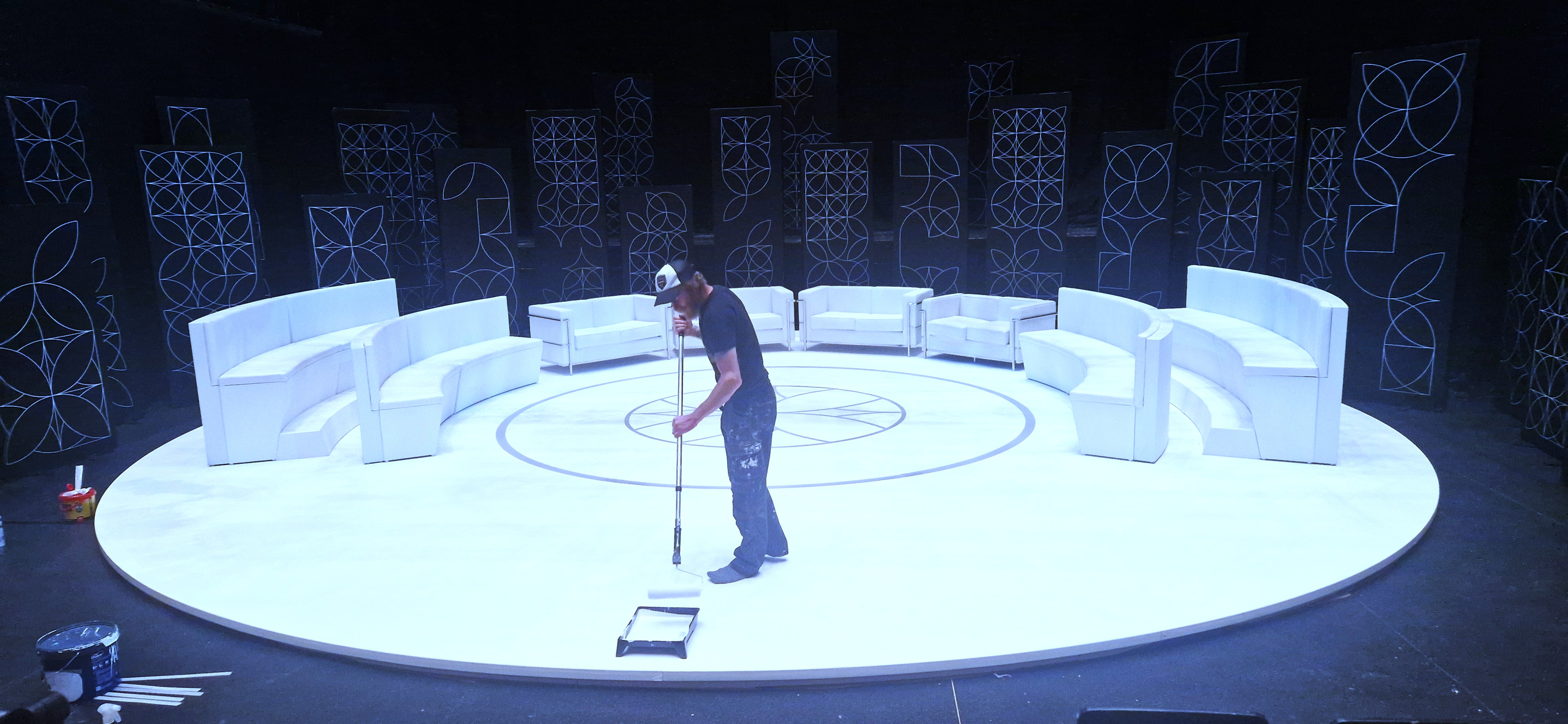 Doha Debates — finishing and painting the seamless white stage surface