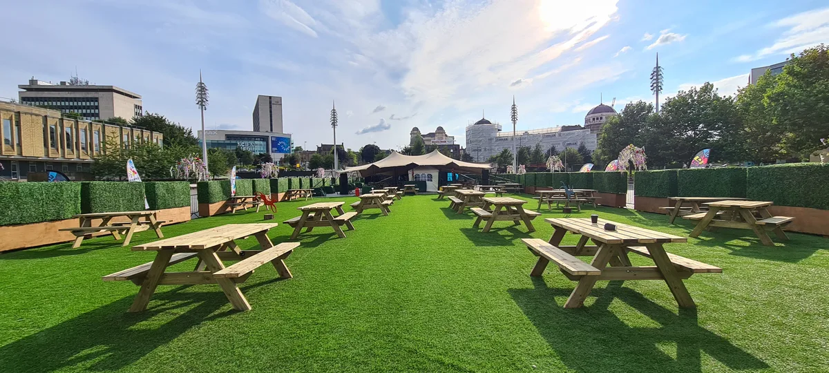 Summer Garden — fabricated picnic benches and box hedge planters, Bradford city centre 2025