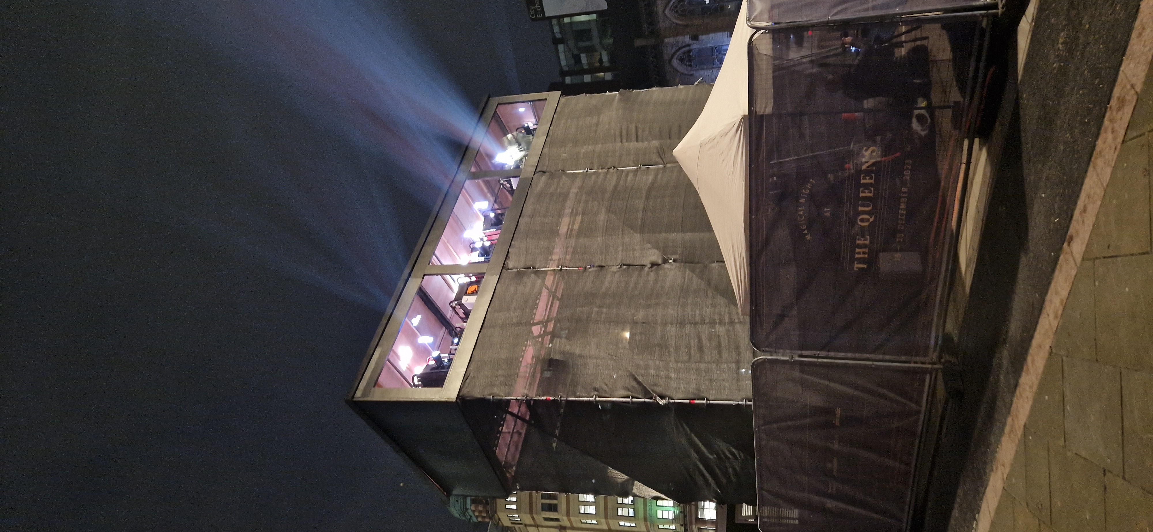 Queens Hotel Leeds — 7.5m x 2.5m x 8m Layher projection tower, completed install