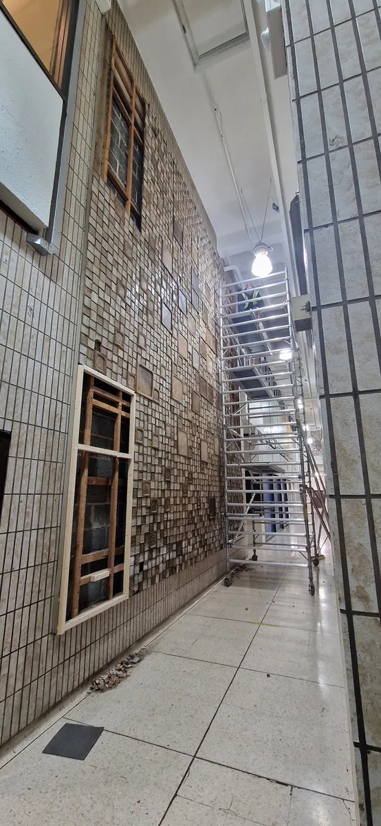 Signs of the Times — original Fritz Stella ceramic tile wall within the Kirkgate Centre prior to demolition