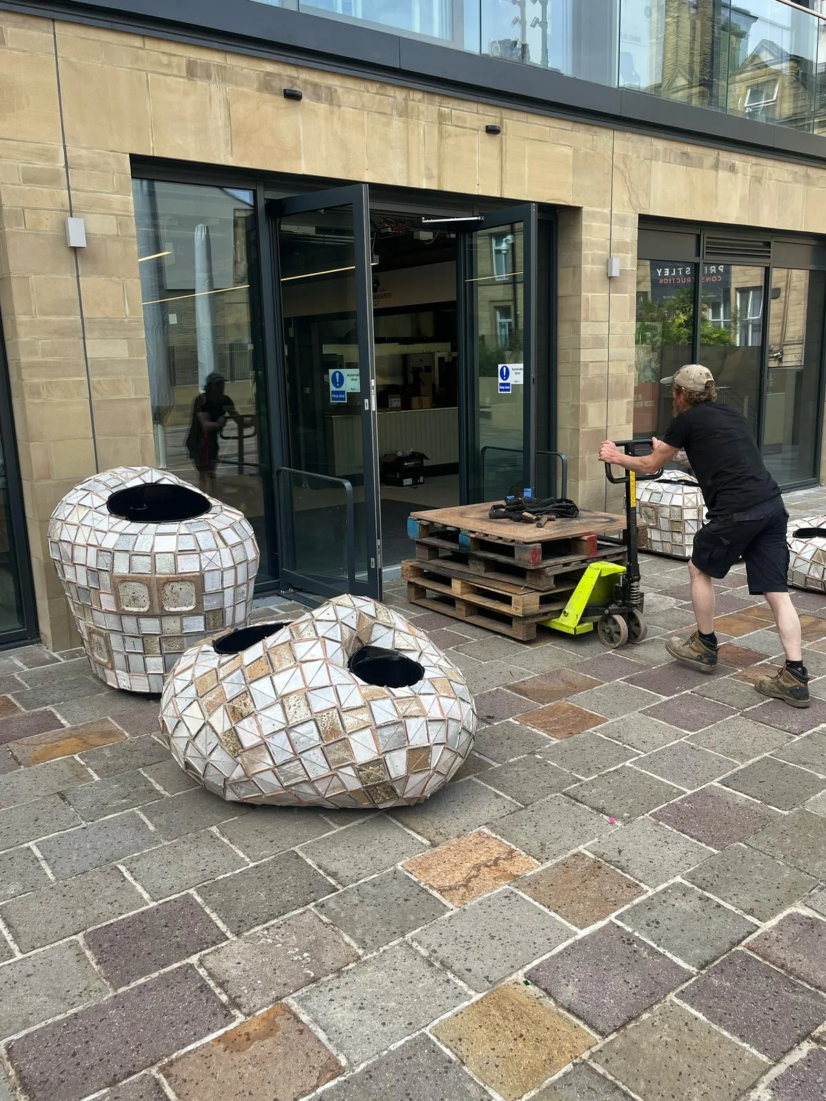 Sign of the Times — mosaic tile planters fabricated from salvaged tiles, installed at Darley Street Market Bradford 2025