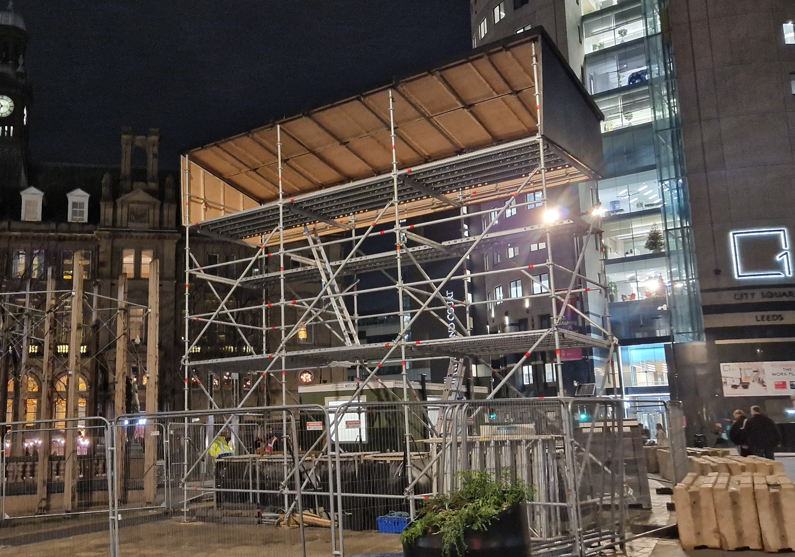 Queens Hotel Leeds — Layher projection tower structure mid-build, overnight install 2023