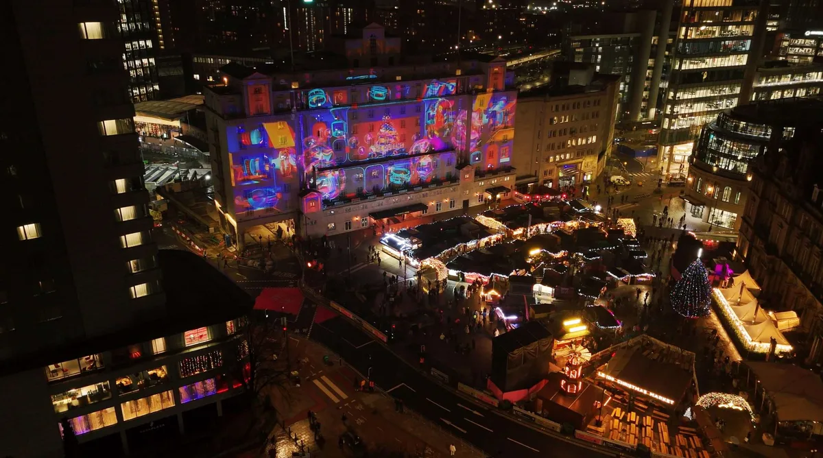 Queens Hotel Leeds — aerial view of Christmas projection mapping with OnionLab, Leeds BID 2023 & 2024